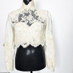 Pamela Caldwell Women Top Silk Lace Pearl Size XS S Ivory Custom made Vintage